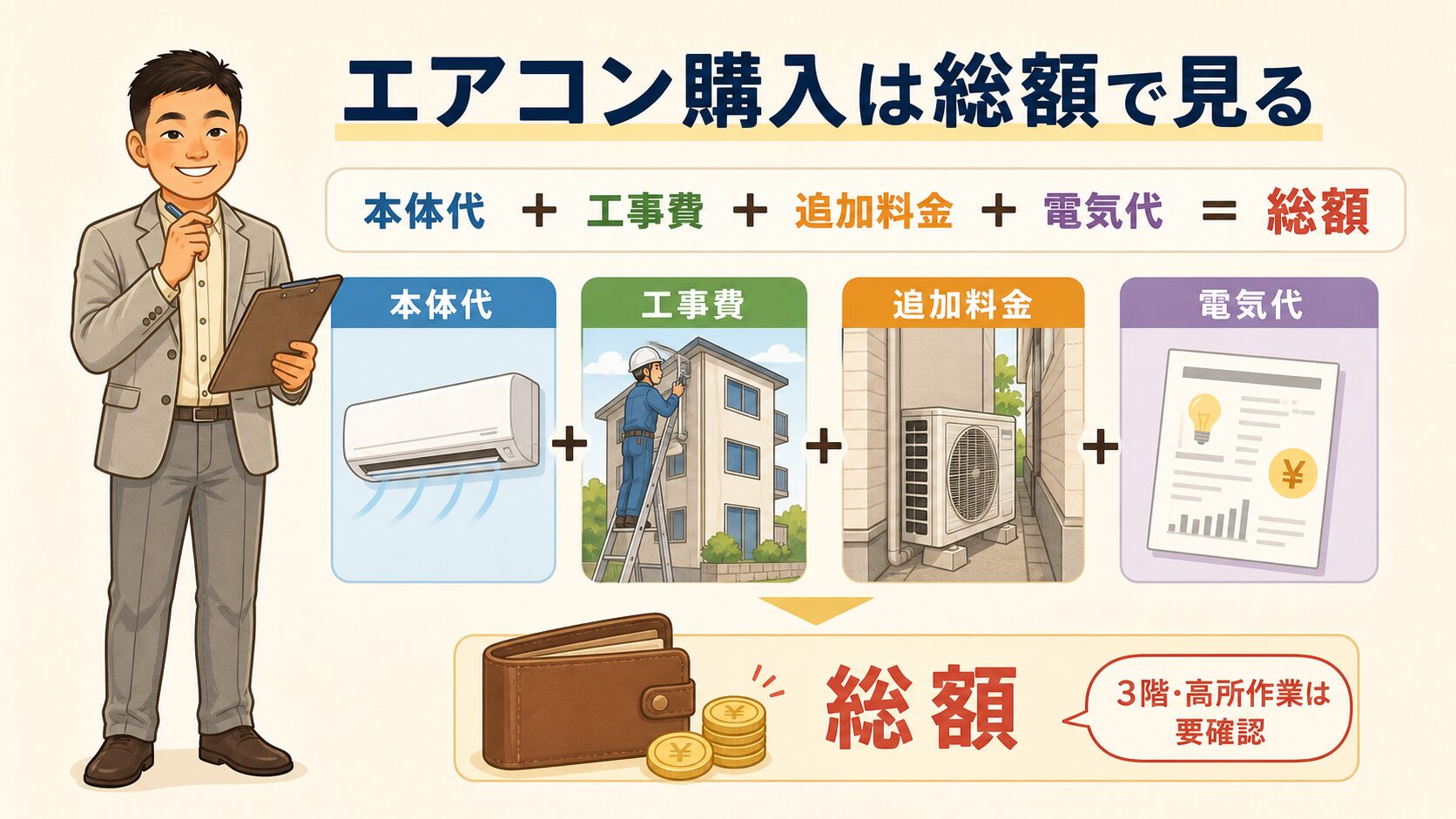 エアコン購入費用は本体代と工事費と追加料金と電気代の総額で見る図解