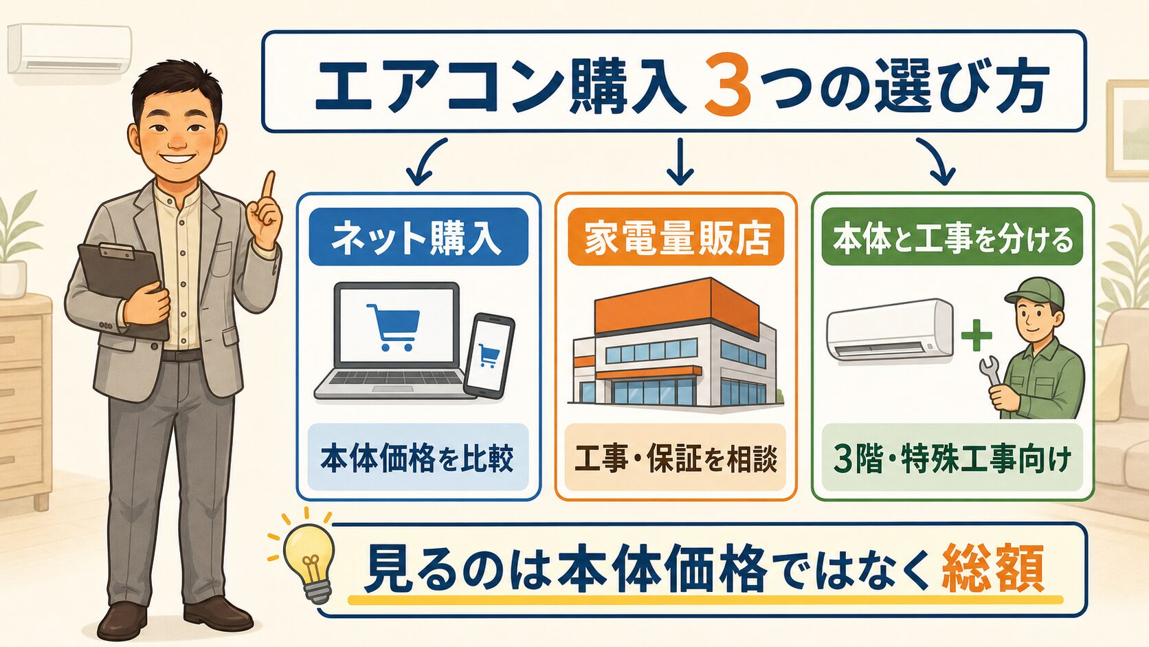 エアコンの購入方法をネット購入・家電量販店・本体と工事を分ける方法の3つで比較した図解
