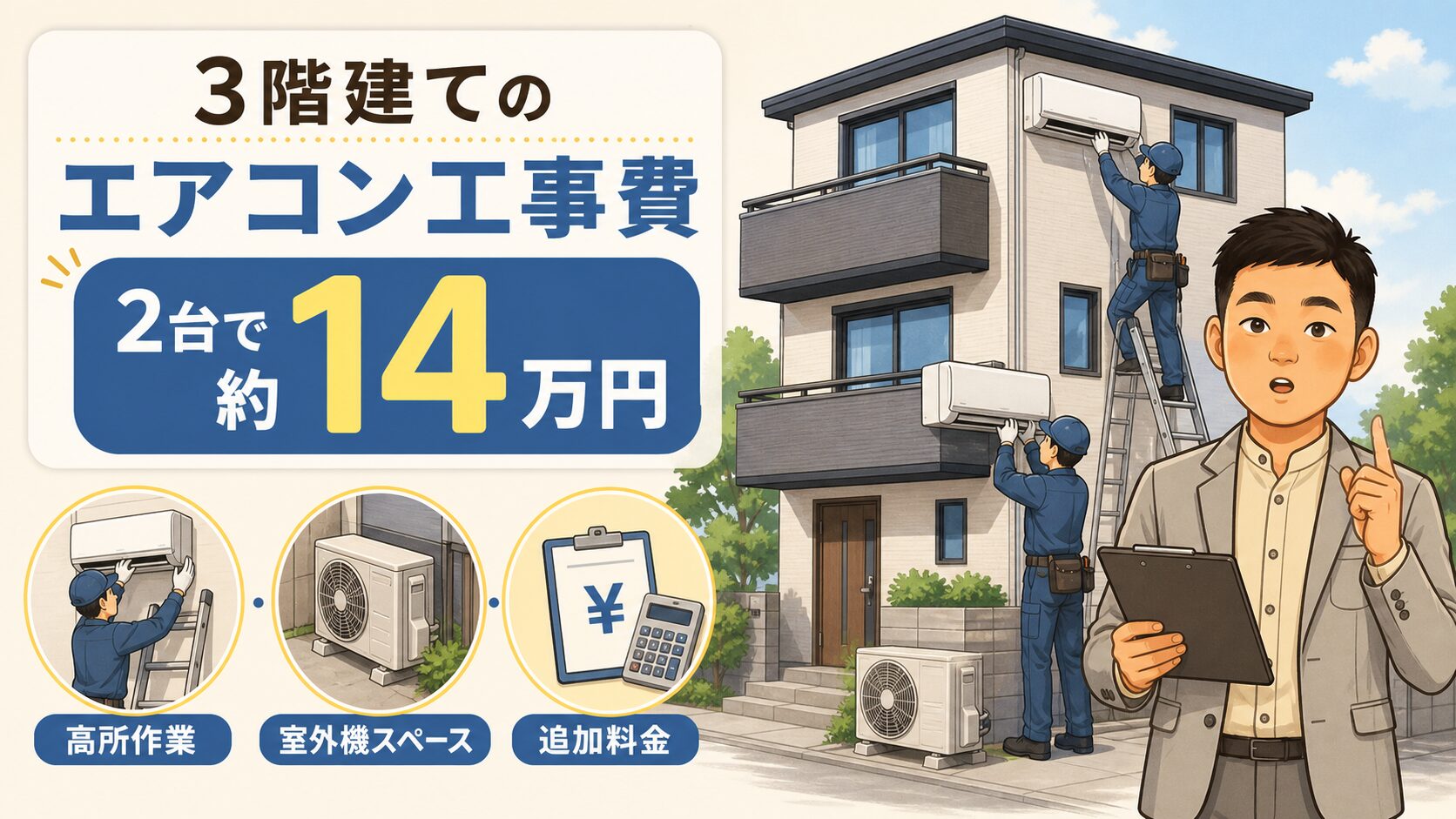 3階建てのエアコン工事費が2台で約14万円かかった実例図解