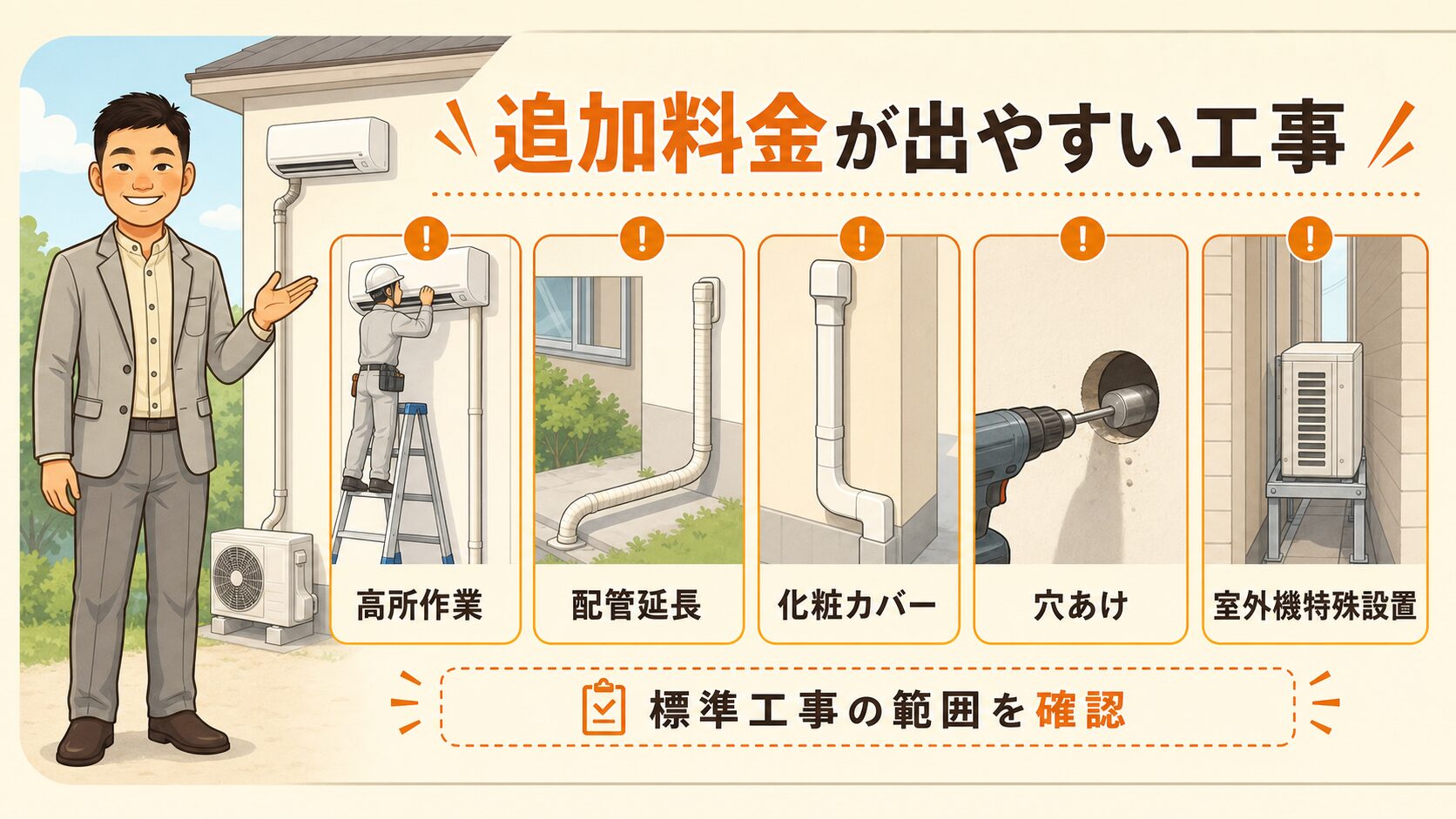 エアコン工事で追加料金が出やすい作業の図解