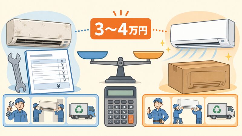 エアコンの修理費3〜4万円と買い替え総額を比較する図解
