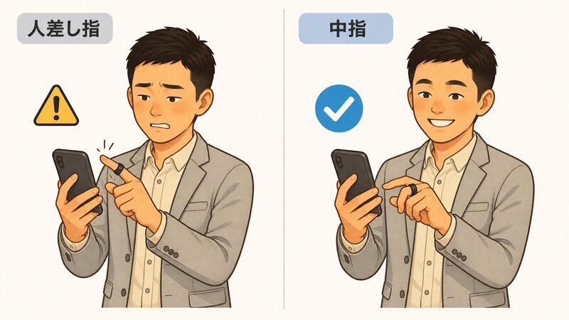 b.ringを右手人差し指から右手中指へ変えた装着感の比較