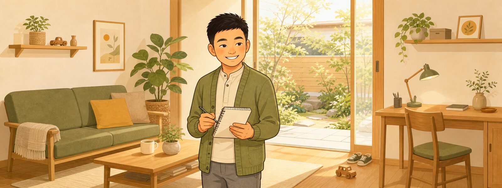 明るいリビングと庭を背景にノートを持つ男性のイラスト