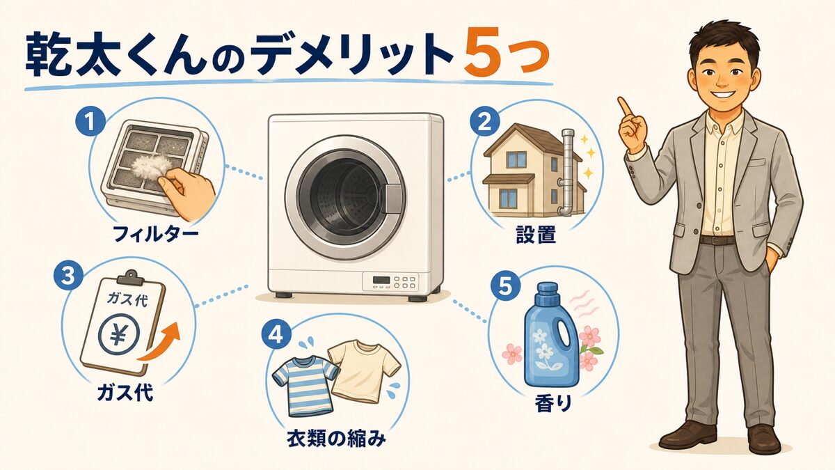 乾太くんを使って感じたフィルター・設置・ガス代・衣類の縮み・柔軟剤の香りの5つのデメリット