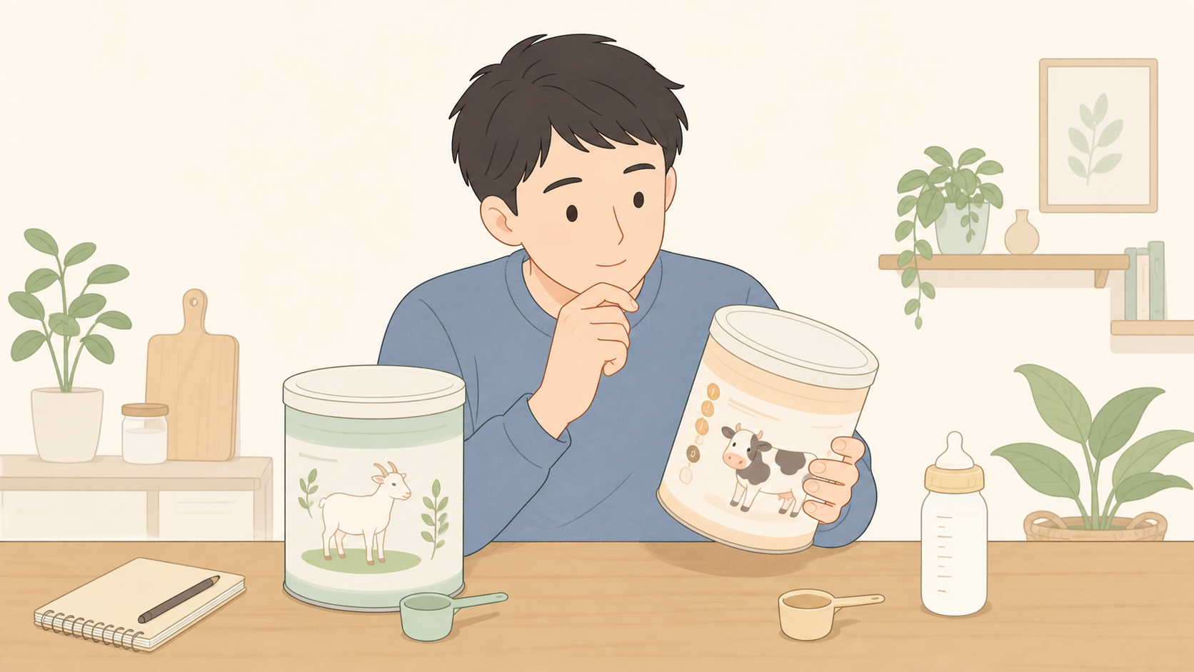 ヤギ乳と牛乳ベースの粉ミルクを対象月齢と表示で比較する父親のイラスト