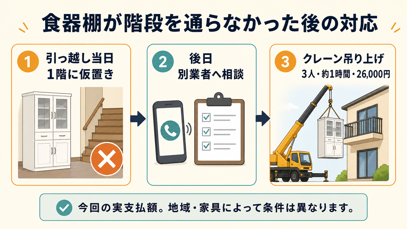 食器棚が階段を通らず、後日クレーンで吊り上げた流れ